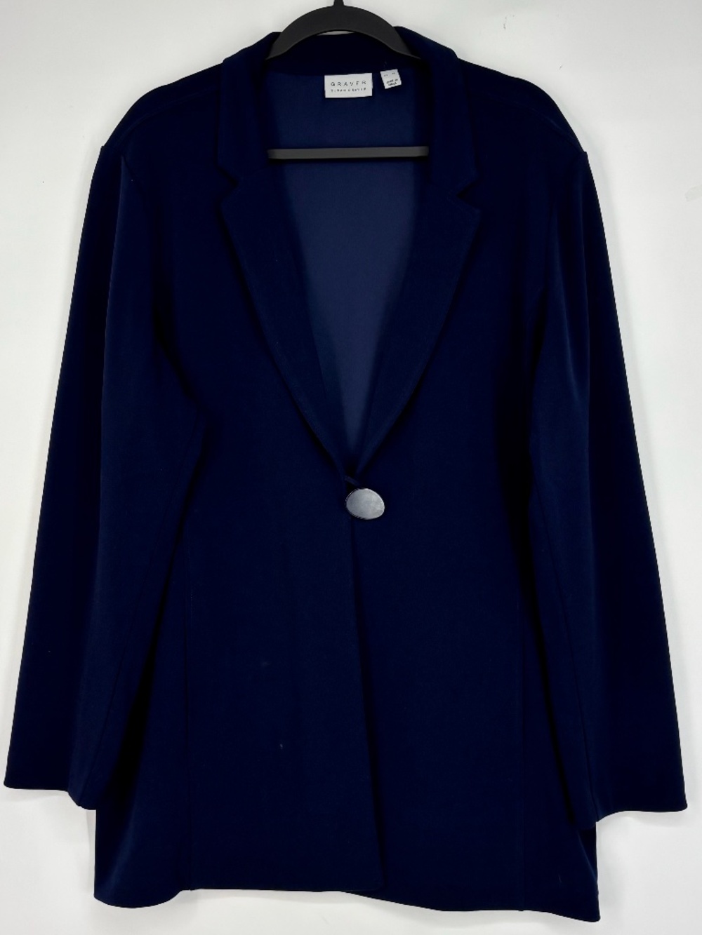 Susan Graver Womens XL One Button Long Blazer Jacket Navy Blue LK Fusion Knit